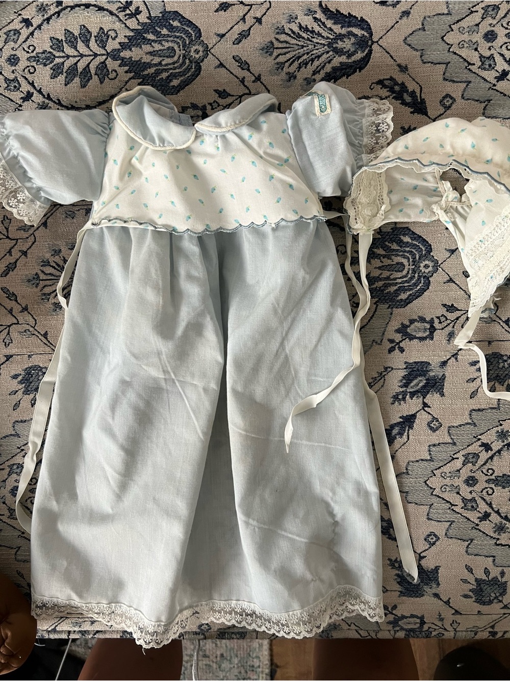 vintage 1980s Cabbage Patch Kids Preemie Doll Gown with matching bonnet blue